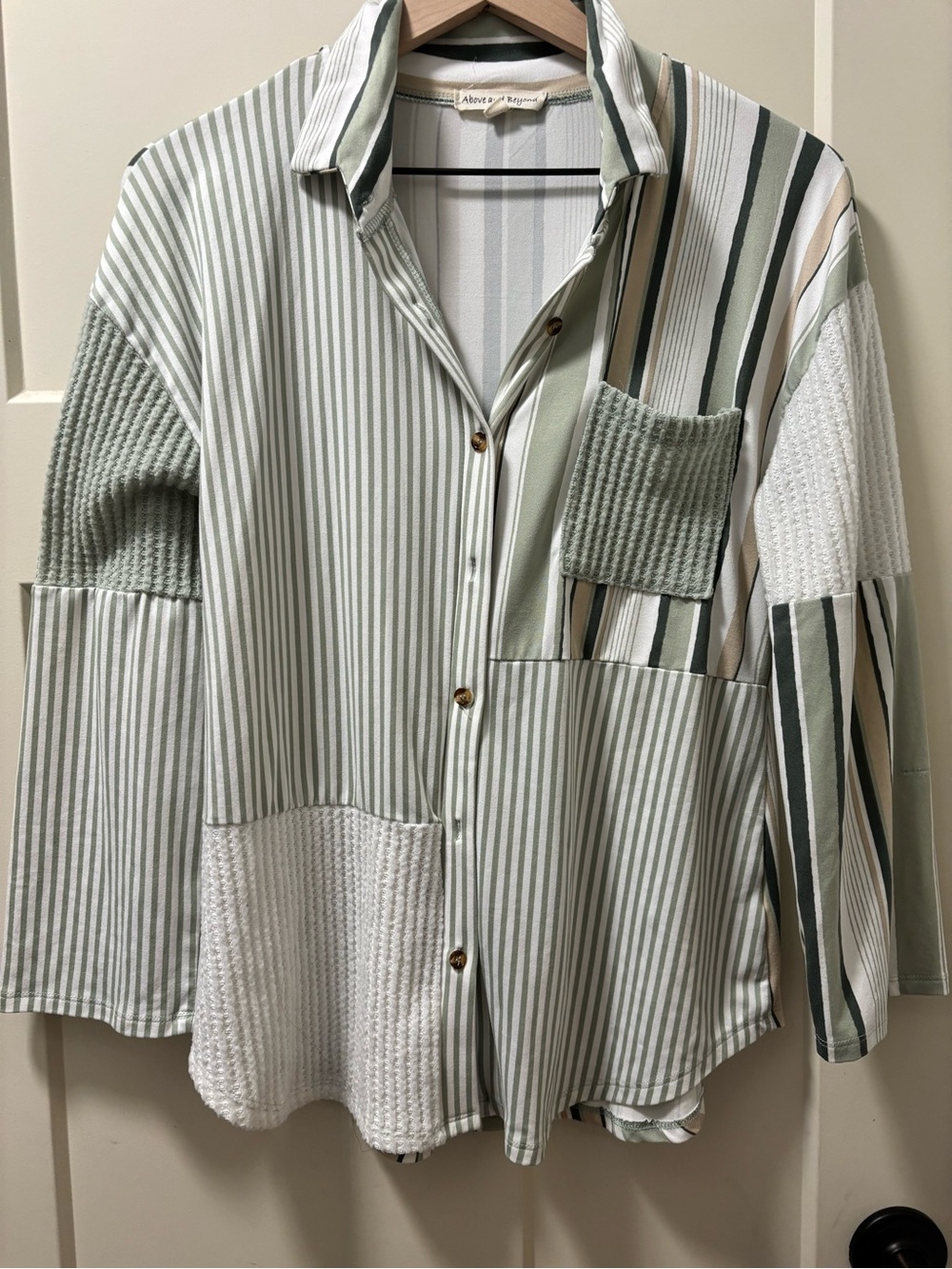 Above & Beyond Striped Button-Down Shirt Jacket - Sage & White